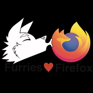 May include: A graphic design on a black background featuring a white line-art wolf head kissing the orange, yellow, and purple Firefox logo. Below the graphic, the text reads Furries, a red heart symbol, and the word Firefox in dark grey.
