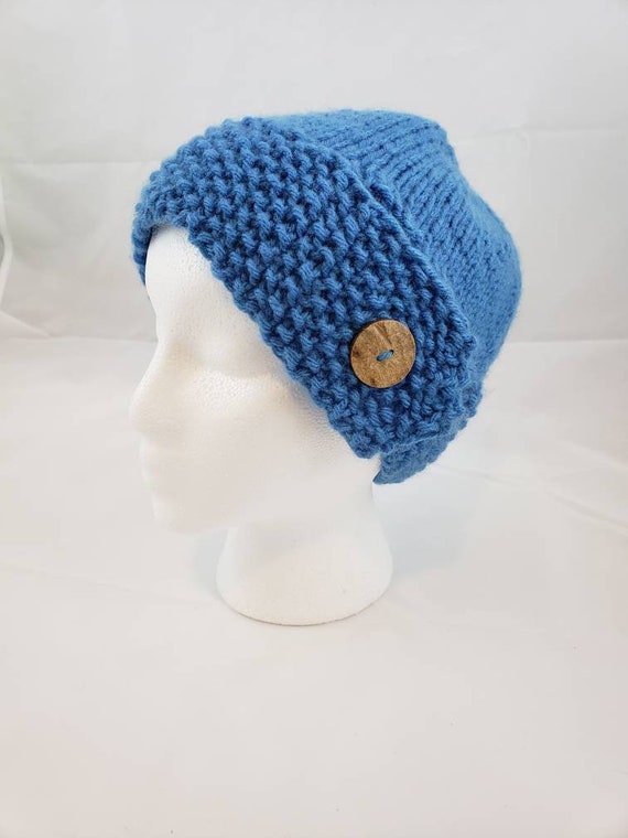 Light Baby Blue Hand Knit Beanie Tab Hat W Wooden Button Etsy