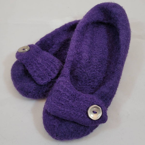 CLEARANCE! Purple Hand Knit Wool Felted Slippers - Strappy Mary Jane Style with Silver Button Detail - SIZE 10 WOMEN'S