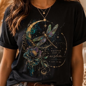 Celestial Dragonfly T-Shirt – Moon Phases, Botanical Boho Graphic Tee