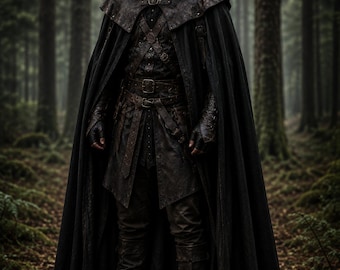 Personalized Dark Fantasy Ranger Cloak, Hooded Medieval Cape, Leather Mantle, LARP Cosplay Costume