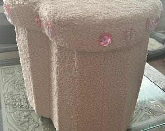 Pink Heart Ottoman with Bows & Rhinestones | Blush Girls Room Decor | Princess Vanity Stool | Handmade Bling Accent Stool