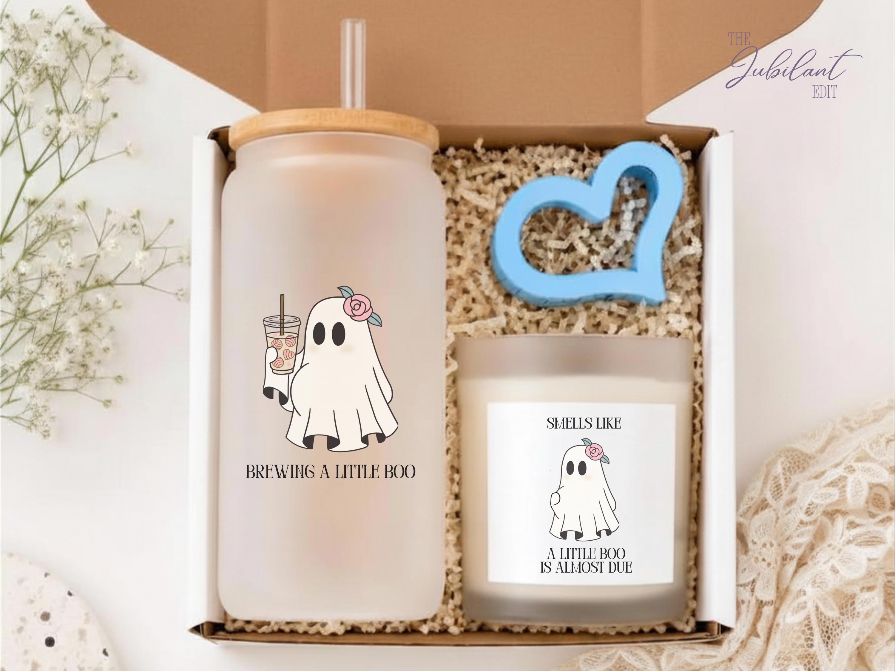 Little Boo is Almost Due Pregnancy Gift Box for Mom to Be Candle Gift Set Halloween Ghost Frosted Glass Tumbler