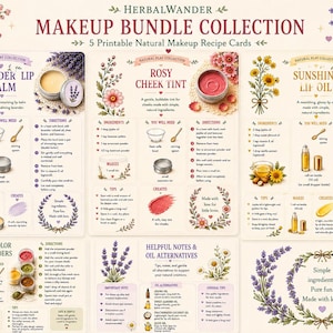 May include: A collection of five printable recipe cards titled HerbalWander Makeup Bundle Collection, featuring instructions for lavender lip balm, rosy cheek tint, sunshine lip oil, and nature colour play powders, decorated with floral illustrations.