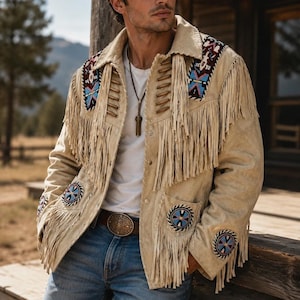 Men’s Native Western Suede Jacket Fringed Cowboy Leather Jackets Beaded Style Coat