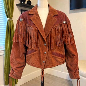 Women's Brown Suede Fringe Jacket, Vintage Western Cowgirl Coat, Rust Leather Jacket, Boho Rodeo Festival Outfit