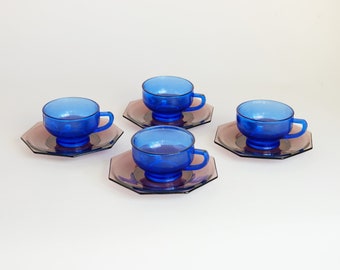 Ensemble de tasses à thé dépareillées vintage bleu et violet / tasses à thé en verre colorées / verrerie bleue / verrerie violette / tasses à thé rétro / verre améthyste