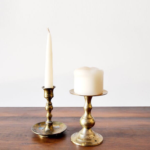 Brass Candle Holder Set of 2 / Mismatched Brass Candle Holder / Vintage Brass Candlestick Set