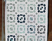Puddle Jumping - Gorgeous Queen Sized Quilt in Aqua, Navy, & other Assorted Blues Contrasted with White- Vintage Inspired- Ready to Ship!