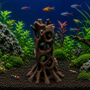 May include: A brown, hollow, tree-stump-shaped aquarium ornament with multiple circular openings, positioned in a planted tank with dark substrate, green aquatic plants, grey rocks, and several small red and white striped shrimp.
