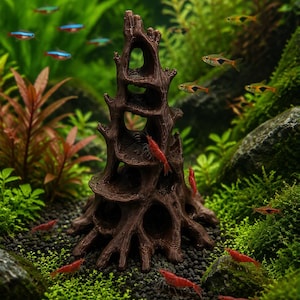 May include: A brown, multi-tiered, tree-stump-shaped aquarium ornament with hollow openings and textured bark-like surfaces, surrounded by small red shrimp and various green aquatic plants with small neon tetras swimming in the background.