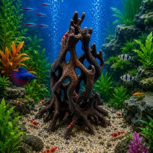 May include: A dark brown, branching root-like aquarium ornament stands in the center of a fish tank with light-colored gravel, surrounded by green and purple aquatic plants, rocks, a blue betta fish, several small red shrimp, and neon tetras.