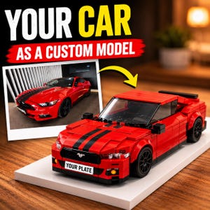 Può includere: Un modellino di auto costruito con mattoncini rossi che ricorda una Ford Mustang, con strisce da corsa nere, ruote nere e una targa bianca con la scritta YOUR PLATE. L'immagine include il testo YOUR CAR AS A CUSTOM MODEL.