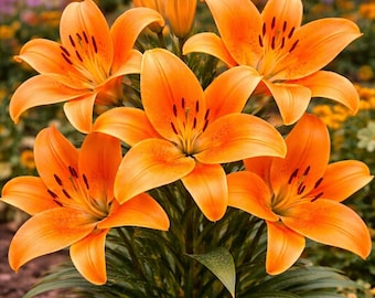 Pode incluir: Um grupo de flores de lírio laranja vibrante com seis pétalas cada, apresentando estames castanho-escuros e manchas subtis no centro. A planta tem folhas verdes longas e pontiagudas na base e dois botões florais fechados no topo.