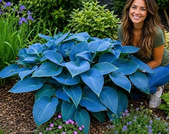 Pode incluir: Uma grande planta Hosta de folhas azuis vibrantes, largas e em forma de coração com veios proeminentes. A planta está situada num canteiro de jardim com cobertura morta escura, rodeada por folhagem verde e pequenas flores roxas.