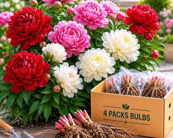 Pode incluir: Uma caixa de papelão com o rótulo 4 PACKS BULBS contendo vários sistemas de raízes de peônia em sacos plásticos, com bulbos de peônia nus adicionais colocados à frente. Uma pá de jardim de metal está próxima, contra um fundo de peônias vermelhas, rosas e brancas.