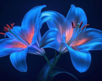 Pode incluir: Duas flores de lírio azul vibrante com centros laranja suaves e estames castanho-escuros. As pétalas apresentam uma textura lisa com manchas subtis perto da garganta da flor, contra um fundo escuro e sólido que destaca o brilho azul.