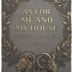 May include: A rectangular grey blanket featuring a central wreath of oak leaves and acorns. The text reads: AS FOR ME AND MY HOUSE, We Will Serve the Lord, JOSHUA 24:15. Below the text are illustrations of a lion head and a ram head in gold tones.
