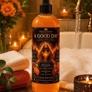 Op de afbeelding: Een doorzichtige plastic fles A Good Day rituele douchegel met een zwarte pompdispenser. Het etiket bevat een centrale figuur, afbeeldingen van sinaasappels en tekst waaronder Notes of the Soul, Blood Orange & Sweet Orange en 473 ml.