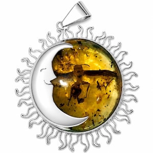 May include: A silver pendant featuring a circular piece of golden-yellow amber containing a fossilized insect. The amber is framed by a silver sunburst design and a smooth, polished silver crescent moon overlay with a simple etched facial profile.