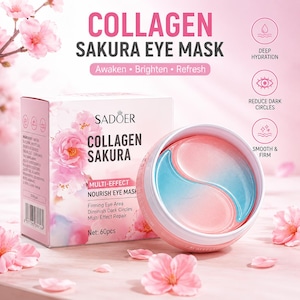 May include: A Sadoer Collagen Sakura eye mask container with 60 pieces, featuring a pink and blue gel patch design. The packaging displays the text Collagen Sakura Eye Mask, Multi-Effect Nourish Eye Mask, and lists benefits like deep hydration.