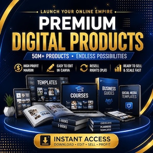 May include: A digital product bundle advertisement featuring the text LAUNCH YOUR ONLINE EMPIRE, PREMIUM DIGITAL PRODUCTS, 50M+ PRODUCTS, ENDLESS POSSIBILITIES, and INSTANT ACCESS. It displays laptops, tablets, books, and icons for editing and resale.