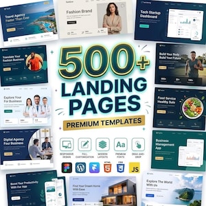 May include: A digital collection of 500+ landing pages and premium templates featuring various website designs for travel, fashion, tech, and business. The graphic includes icons for responsive design, customization, and coding languages like HTML, CSS, and JS.
