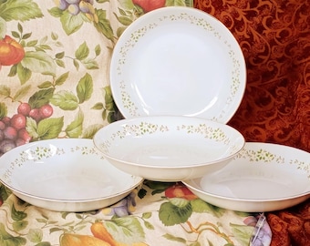 Vintage Floral Soup Bowl, Gold Gilt Coupe Porcelain China, 1970s Green Vine and White Flowers Pasta Dish Ekco Spring Meadow Dinner Ware