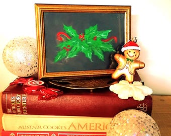 Vintage Christmas Painting For Holiday Fireplace Mantel, Folk Acrylic Holly on Black Paper Artist Signed Decor-Fine Art Grandmillennial Home
