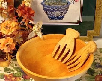 Large Wooden Food Grade Salad Serving Bowl w/ Bamboo Bear Claws Set of 3 Segmented Turned Wood For Bread Proofing Serving Rustic Table Decor