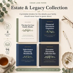 Pode incluir: Quatro pastas imprimíveis da coleção Estate & Legacy da Cedar Lane Paper. Os títulos incluem The Just-In-Case Family Binder, Financial Document Organizer, Inheritance Planning Workbook e Executor Document Collection Kit, totalizando 94 páginas.