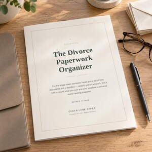 Può includere: Un organizzatore di documenti in carta color crema intitolato The Divorce Paperwork Organizer con testo nero, un bordo sottile, un sottotitolo descrittivo e il marchio Cedar Lane Paper, posizionato su una superficie in legno con penna e occhiali.