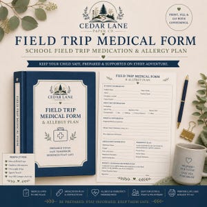 Peut inclure: Un classeur bleu foncé et une feuille imprimée intitulée Field Trip Medical Form & Allergy Plan. L'ensemble comprend un stylo bleu, une pince à dessin dorée et une tasse grise avec du texte. Les documents incluent des sections pour les informations.