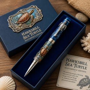 May include: A Hawksbill Sea Turtle Masterpiece Edition pen in a blue box. The pen features a silver turtle clip, a blue barrel with sea turtle and coral motifs, and a metallic tip. The box lid displays a turtle emblem and the text Hawksbill Sea Turtle Masterpiece Edition. A matching information card is included.