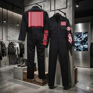 Puede incluir: Un mono negro con un gráfico de código de barras rojo grande en la espalda. La parte delantera muestra un código de barras rojo más pequeño en el pecho, un número 8 rojo dentro de un círculo en la manga izquierda y texto rojo 6 (sic) 6 en la manga derecha.