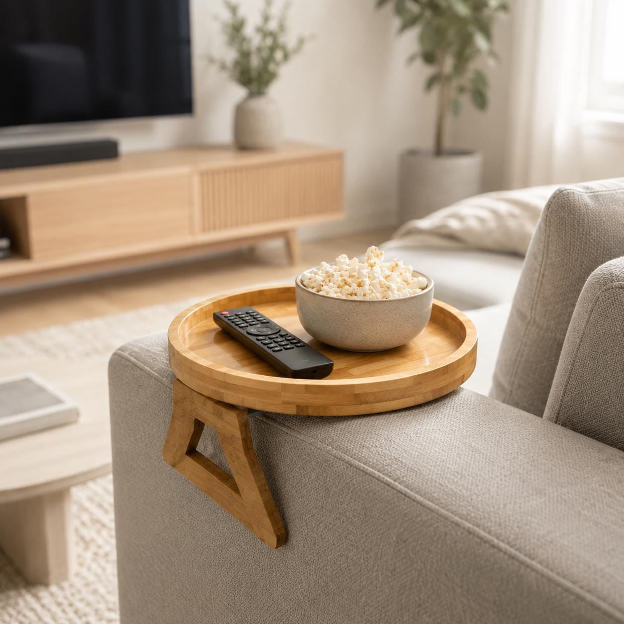 Round wood couch tray