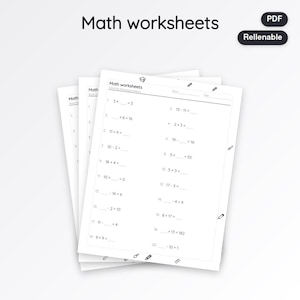 Puede incluir: Una pila de hojas de ejercicios de matemáticas blancas con texto y ecuaciones numéricas en negro. La hoja superior incluye el título Math worksheets, un icono de birrete y veinte problemas numerados con espacios en blanco para respuestas. Etiquetas PDF y Rellenable.