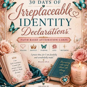 May include: A set of faith-based affirmation cards titled 30 Days of Irreplaceable Identity Declarations, featuring a crown, teal butterflies, and pink roses. Includes a teal book, a glittery pen, a candle, and a gold key on a teal velvet cloth.