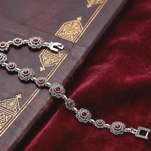 Bracciale vintage in stile ottomano con pietre preziose rosse - Gioielli boho in argento anticato