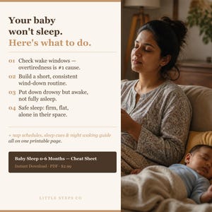 Può includere: Un'infografica digitale intitolata Your baby won't sleep. Here's what to do. Elenca quattro passaggi per il sonno del neonato, incluse le finestre di veglia e le routine. Il testo include Baby Sleep 0-6 Months - Cheat Sheet e Little Steps Co.