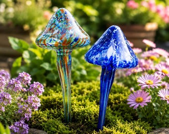 Glass Iridescent Mushroom Self Watering Stake | Plant Watering Spike Garden Decor | Unique Plant Lover Gift Indoor Outdoor Garden
