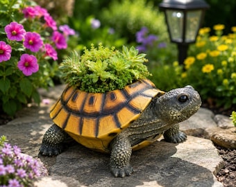 Handmade Resin Turtle Planter | Succulent Garden Decor Outdoor Sculpture | Whimsical Animal Garden Statue Patio Housewarming Gift