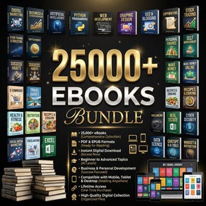 Puede incluir: Una colección digital de más de 25.000 libros electrónicos en un paquete, con varias portadas sobre temas como marketing digital, IA y finanzas. La imagen muestra una pila de libros físicos, una lista de características y dispositivos digitales.