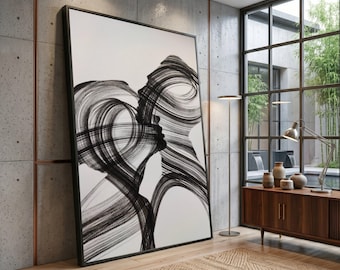 Lienzo abstracto con silueta de pareja, arte romántico en blanco y negro, impresión moderna y romántica.
