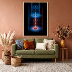 Tela con flusso di codice binario digitale, arte murale futuristica con flusso di dati, decorazione Cyber Matrix. Natural Wood Frame
