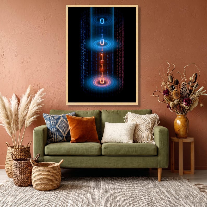 Tela con flusso di codice binario digitale, arte murale futuristica con flusso di dati, decorazione Cyber Matrix. Natural Wood Frame