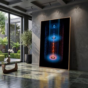 May include: A large rectangular wall art piece featuring a black background with a vertical digital column of binary code in blue and red. The central design displays glowing numbers zero and one surrounded by concentric circular light rings.