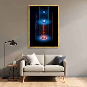 Tela con flusso di codice binario digitale, arte murale futuristica con flusso di dati, decorazione Cyber Matrix. Gold Frame