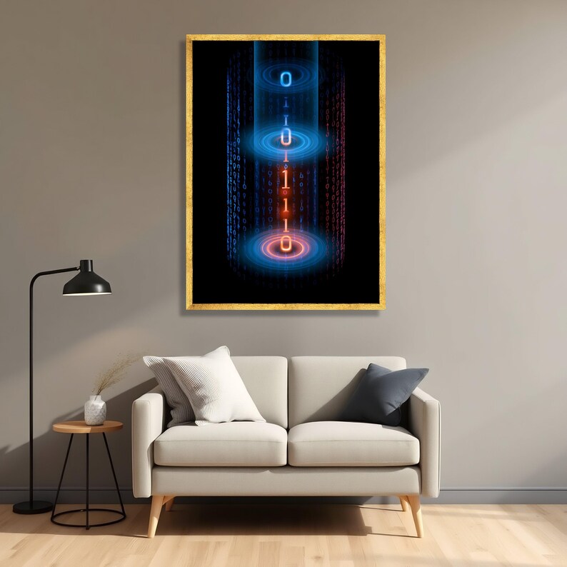 Tela con flusso di codice binario digitale, arte murale futuristica con flusso di dati, decorazione Cyber Matrix. Gold Frame