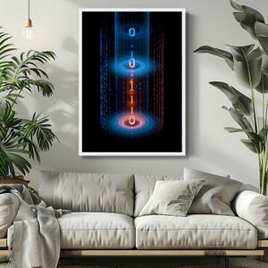 Tela con flusso di codice binario digitale, arte murale futuristica con flusso di dati, decorazione Cyber Matrix. White Frame